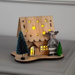 Светодиодная фигура «Дом с оленем» 11 15 3 см, дерево, батарейки LR41х3, свечение тёплое белое