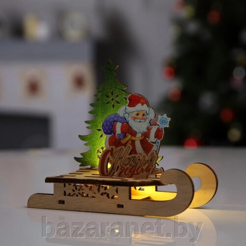 Светодиодная фигура «Сани с Дедом Морозом» 15.5 12 5.5 см, дерево, батарейки LR1130х3, свечение тёплое белое