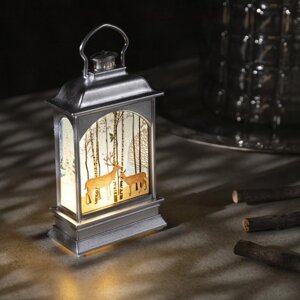 Светодиодная фигура «Серебристый фонарь с оленями» 7 13 3.5 см, пластик, батарейки AG13х3, свечение тёплое белое