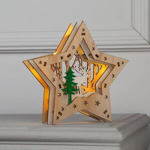 Светодиодная фигура «Звезда с оленем в лесу» 18 18 5 см, дерево, батарейки АААх2 (не в комплекте), свечение тёплое