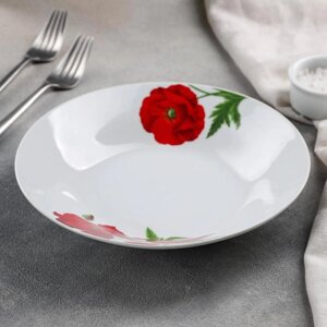 Тарелка керамическая суповая Доляна «Маки», d=20,5 см, цвет белый