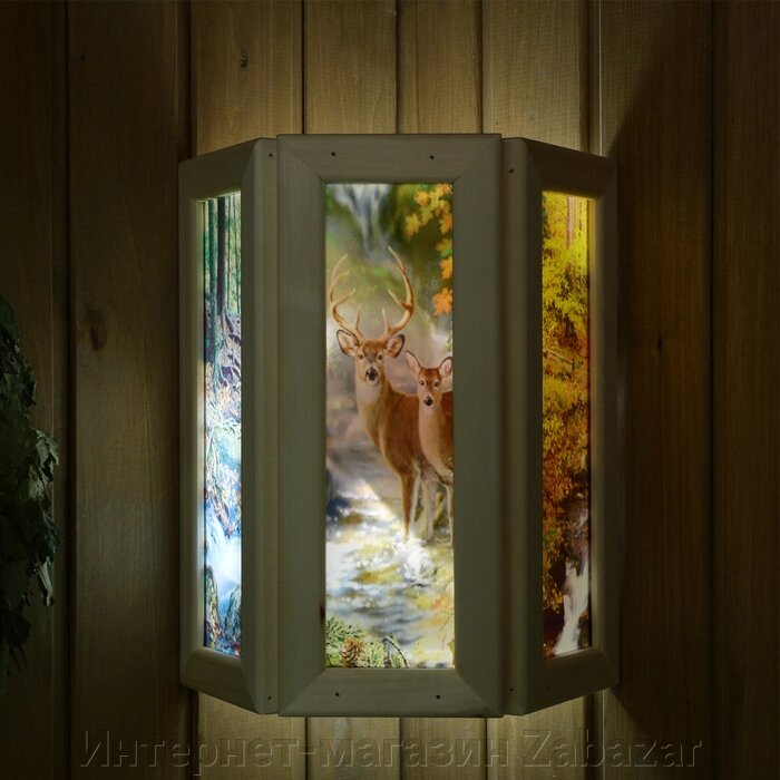 Абажур деревянный "Олени" со вставками из стекла с УФ печатью, 33х29х16см от компании Интернет-магазин Zabazar - фото 1