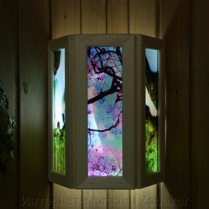 Абажур деревянный "Рисунок 1" со вставками из стекла с УФ печатью, малый, 33х29х12см от компании Интернет-магазин Zabazar - фото 1