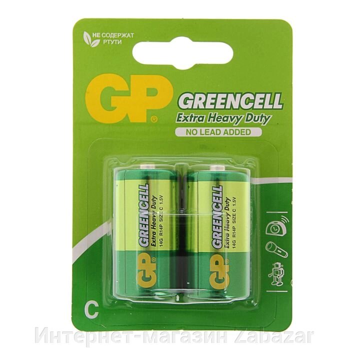 Батарейка солевая GP Greencell Extra Heavy Duty, С, R14-2BL, 1.5В, блистер, 2 шт. от компании Интернет-магазин Zabazar - фото 1