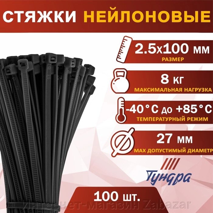 Хомут нейлоновый ТУНДРА krep для стяжки, 2.5х100 мм, черный, в упаковке 100 шт. от компании Интернет-магазин Zabazar - фото 1
