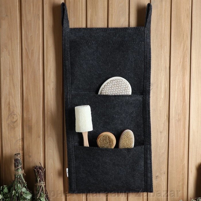 Коврик банный настенный, войлок, 3 кармана 79х36 см черный от компании Интернет-магазин Zabazar - фото 1
