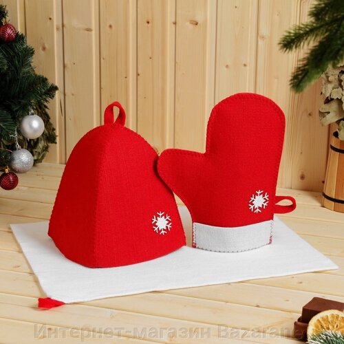 Набор банный подарочный "Зимушка"коврик, рукавица, шапка), войлок, красная