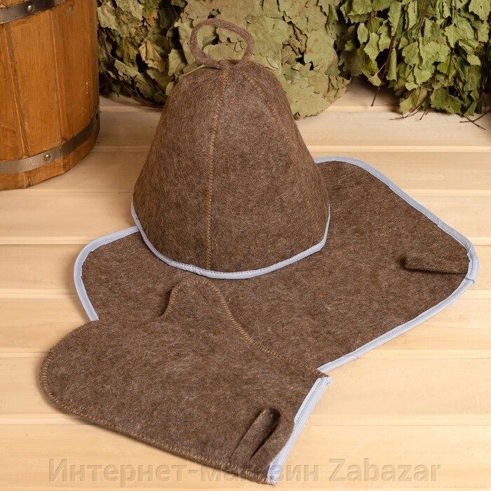 Набор для бани 3 предмета (коврик, шапка, рукавица) с цветной окантовкой МИКС от компании Интернет-магазин Zabazar - фото 1