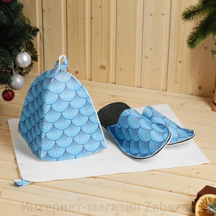 Набор для бани с принтом "Водяной  дракон": шапка, тапки, коврик, голубой, р.  41-43 от компании Интернет-магазин Zabazar - фото 1