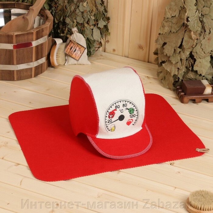 Набор для бани: шапка и коврик "Градусы" красный от компании Интернет-магазин Zabazar - фото 1