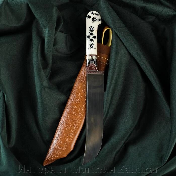 Нож Пчак Шархон - кость, ёрма сапожок "Мехенди" гарда олово, гравировка с садафом, 17 см от компании Интернет-магазин Zabazar - фото 1