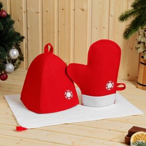 Набор банный подарочный "Зимушка" ( коврик, рукавица, шапка), войлок, красная