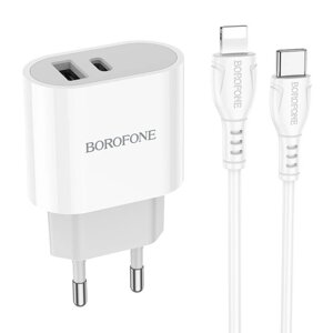 Сетевое зарядное устройство Borofone BA62A, USB + Type-C, 2.4 А, кабель Type-C - Lightning, 1м, белое