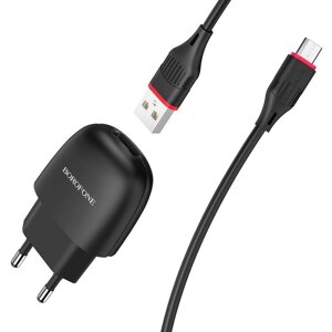 Сетевое зарядное устройство Borofone BA49A, USB, 2.1 А, кабель microUSB, 1 м, чёрное