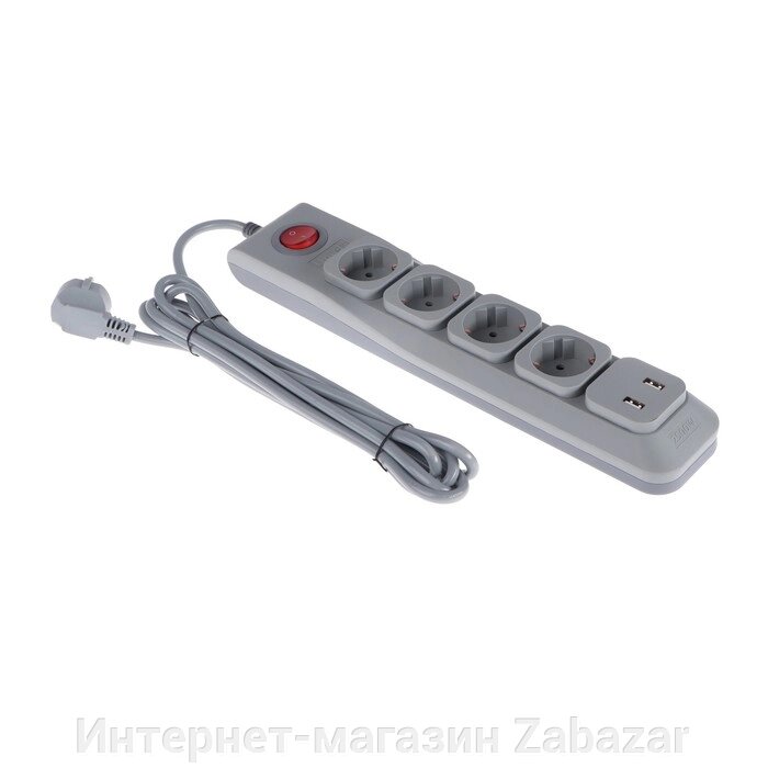 Сетевой фильтр Uniel Lux, 4 розетки, USB 2.1 А, 3 м, 10 А, 2500 Вт, ПВС 3х0.75, с з/к, серый от компании Интернет-магазин Zabazar - фото 1