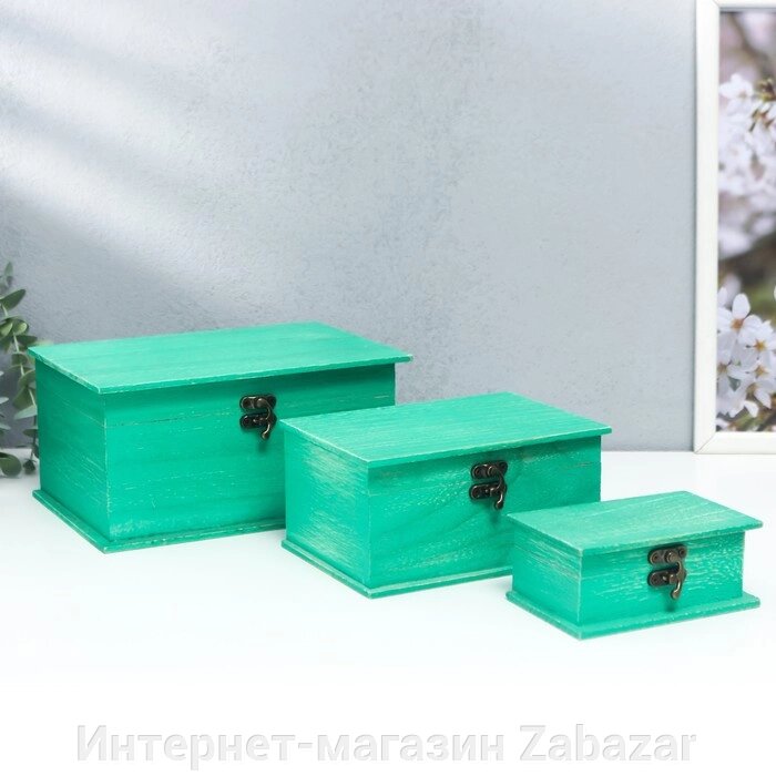 Шкатулка дерево прямоугольник борт (набор 3 шт) зелёная 20,5х10х15 см от компании Интернет-магазин Zabazar - фото 1