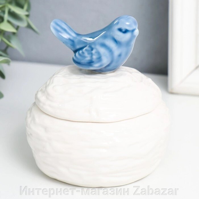 Шкатулка керамика "Синяя птичка на гнезде" белая 9х9х10 см от компании Интернет-магазин Zabazar - фото 1