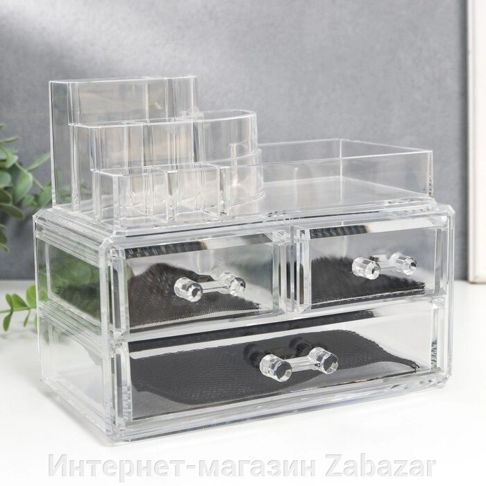 Шкатулка-органайзер пластик 3 ящика прозрачная 16х19х12 см от компании Интернет-магазин Zabazar - фото 1