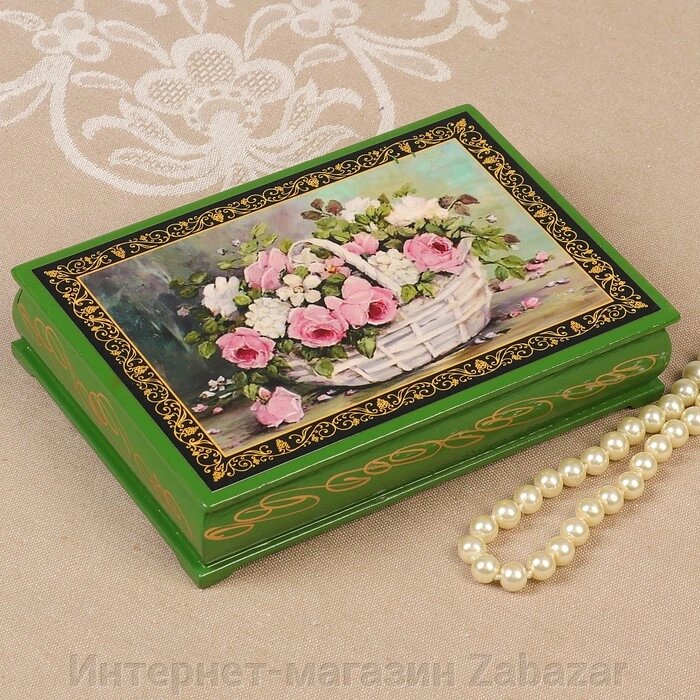 Шкатулка «Розы с полевыми цветами в корзине», зелёная, 1116 см, лаковая миниатюра от компании Интернет-магазин Zabazar - фото 1