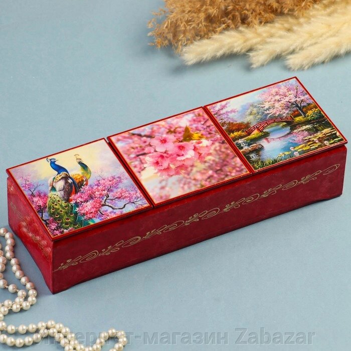 Шкатулка тройная «Сакура», розовая,  лаковая миниатюра от компании Интернет-магазин Zabazar - фото 1