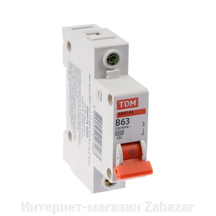 Выключатель автоматический TDM ВА47-63, 1п, 63 А, 4.5 кА, В, SQ0218-0045 от компании Интернет-магазин Zabazar - фото 1