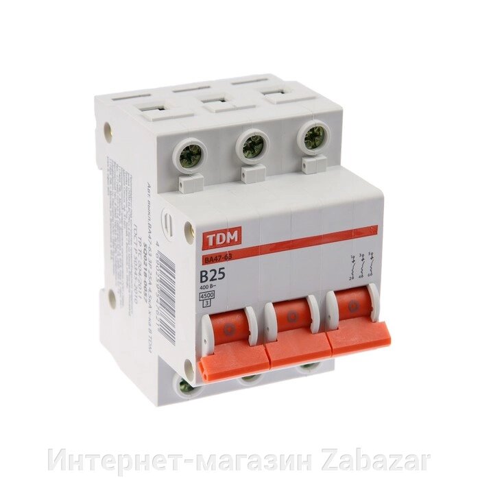 Выключатель автоматический TDM ВА47-63, 3п, 25 А, 4.5 кА, В, SQ0218-0057 от компании Интернет-магазин Zabazar - фото 1