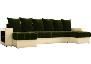 П-образный диван Дубай зелёный вельвет/бежевая экокожа
