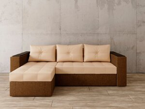 Угловой диван Константин с декором бежевая экокожа/коричневая рогожка
