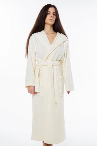 Женский махровый халат с капюшоном RUSDECOR, цвет молочный, 100% хлопок,46