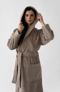 Женский махровый халат с капюшоном RUSDECOR, цвет бронзовый, 100% хлопок, р. 44